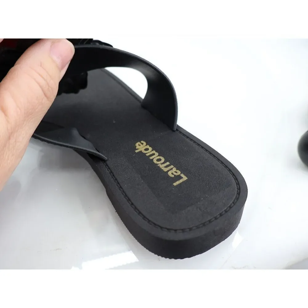 Larroude Hibiscus Sandals Slide Thong Size 6/7 Black Slip On Rubber Beach
